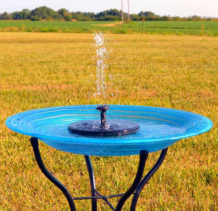Embossed Blue Swirls Glass Solar Bird Bath w/Stand